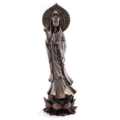 Top Collection Guan Yin Statue Standing on Lotus Pedestal- Quan Yin East Asian Goddess of Compassion and Mercy Sculpture in Premium Cold Cast Bronze - 16.75-Inch Collectible Meditating Buddha Figurine