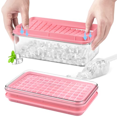 Longzon Mini Ice Cube Tray with Lid and Bin, 273 Pcs Small Ice Cube Trays for Freezer, Ice Cube Mold Spill-Resistant Removable Lid&Ice Scoop, Ice Mold for Whiskey Cocktail, Tea,Coffee-Pink