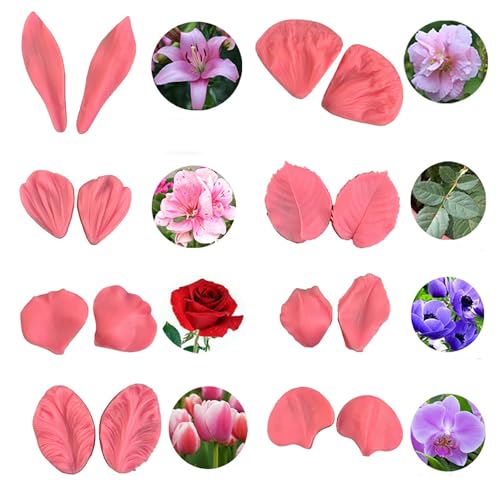 Flower Silicone Veiner Mold Set, Fondant Flower Veining Mold Rose Leaf Tulip Orchid Molds Sugar Gum Paste Molds Cake Decoration Tool for Rose Lily Orchid Tulips Hibisus Rose Leaf (A)