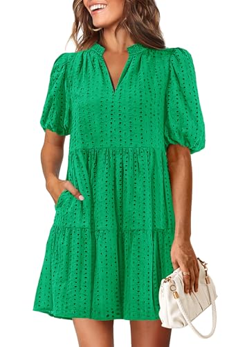 KIRUNDO Eyelet Summer Dresses for Women Mini Casual Hollow Out Short Sleeve Lace Tiered V Neck Shift Dress with Pockets(Green, Small)