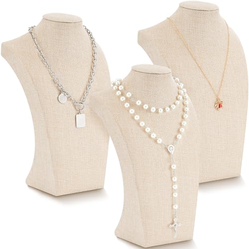 Kigley 3 Pcs Linen Jewelry Display Bust Necklace Display Stand Necklace Mannequin Holder for Jewelry Selling Trade Shows(Beige,11.42 x 6.89 Inch)