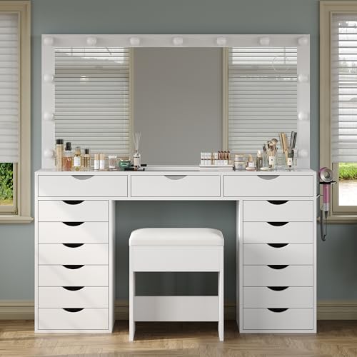 Yanosaku 15 Drawers Vanity Desk with Power Outlet, Makeup Table with Mirror and 13 LED Lights, 3 Color Lighting Modes, Brightness Adjustable, Glass Top Dressing Table, Vanity Set for Bedroom (White)