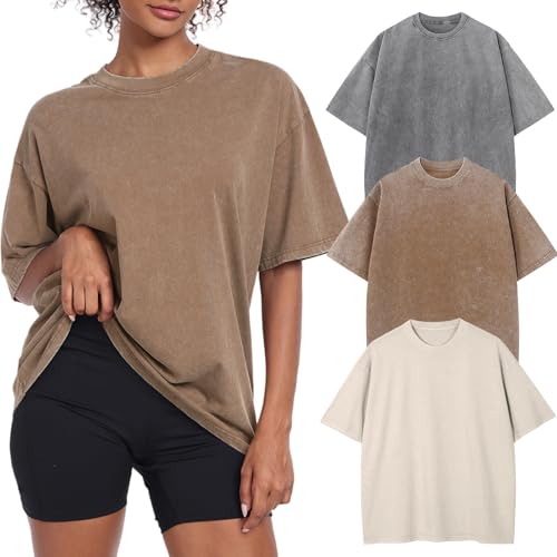 Womens Vintage Oversized T Shirts Acid Washed Baggy Cotton Tee Casual Workout Boyfriend Short Sleeve Tops(Beige/Coffee/Grey M)