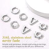 Huggie Earrings Sets For Men,4 Pairs Surgical Steel Hipster Geometry Spike/Triangle/Octagon/Circle Bead Earring Set For Men Hoop Hypoallergenic,Gift Box Included