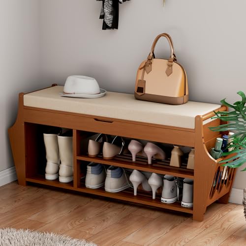 oakvivo 39.4in Shoe Bench with 2 Side Holder, 3 Tier Bamboo Entryway Bench with Storage, Shoe Rack Bench Organizer with Cushion for Entryway Hallway Living Room, Holds up to 330lbs