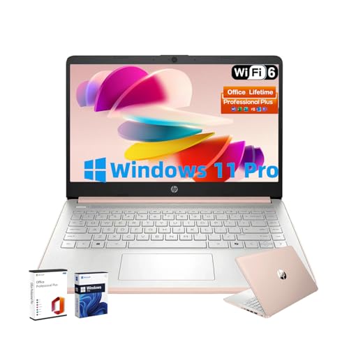 HP Business Student Laptop Computer - Windows 11 Pro & Microsoft Office Lifetime | 14 inch HD | AI-Powered, Long Batter Hr N-Serious Laptop| 16GB RAM, 128GB UFS, 256GB Extend Micro SD | Rose Gold