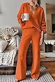 Fixmatti Women 2 Pieces Knit Outfits V Neck Sweater and Knitted Pants Sets Wide Leg Sweatsuits Orange L