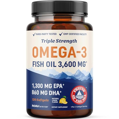 Triple Strength DHA Omega 3 Fish Oil 3600 mg | Over 2100mg Omega-3 Fatty Acids with 860mg of DHA | 1300mg EPA | Best Essential Fatty Acids | Premium Wild Caught & Burpless Fish Oil | 120 Softgels