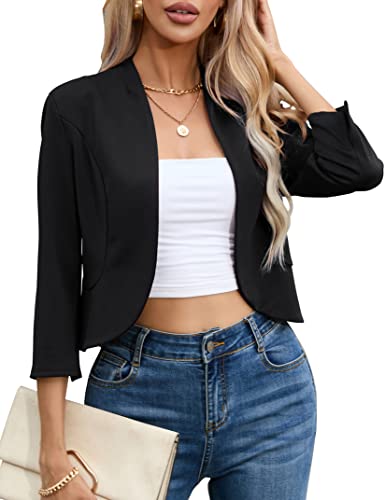 KOJOOIN Womens Cropped Blazer Casual Business 3/4 Sleeve Collarless Open Front Ruffle Work Office Cardigan Suit Jacket Shrug Black Medium