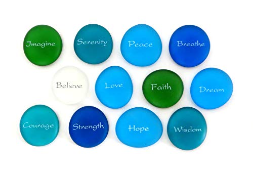 The Mermaid's Message, Frosted Inspirational Sea Glass Stones, Assorted, Twelve Empowering Words in Beach Colors, by Lifeforce Glass.