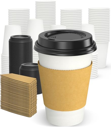 Dealusy 100 Pack 12 oz Disposable Coffee Cups with Lids and Sleeves, Sturdy Thick Paper & Leak-free Insulated to Go Paper Hot Coffee Cups with Sip Lids for Hot & Cold Beverage