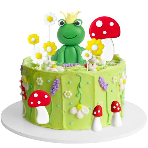 LaVenty Frog Cake Decoration Frog Mushroom Cottage Cake Topper Garden Daisy Cake Decorations Garden Party Decoration Cottage Forest Birthday