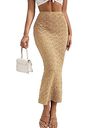 GORGLITTER Women's High Waisted Long Pencil Skirts Ribbed Knit Flowy Bodycon Maxi Skirt Summer Trendy 2025 Apricot Small