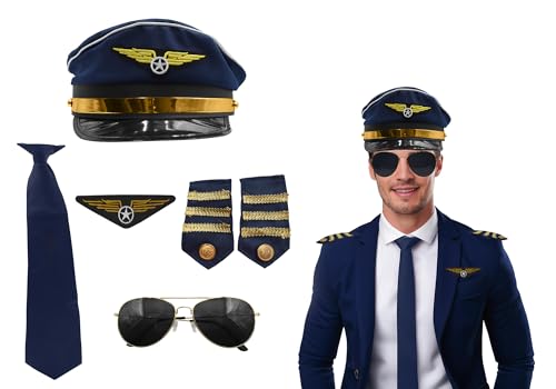 Nicky Bigs Novelties Pilot Costume Men Accessories - Men's Airline Captain Accessories with Aviator Sunglasses, Epaulettes, Captain's Hat, Badge - For Halloween, Themed Parties, Blue Gold, One Size