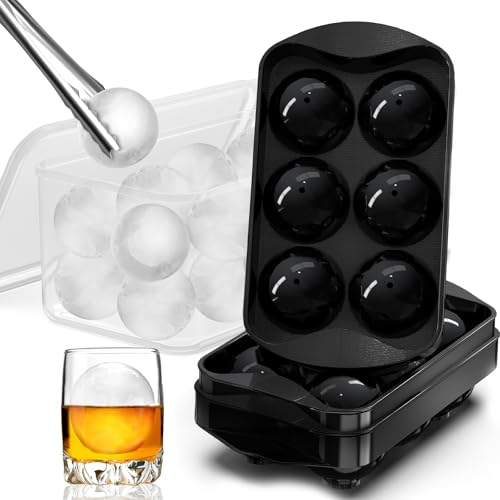 ICEXXP Whiskey Ice Ball Maker with Lid and Bin, 1.9" Round Ice Cube Trays for Freezer, Large Sphere Whisky Ices Cubes Tray Circle with Bucket&Tong, Cocktail Bourbon Brandy Scotch(Black-6 Balls*2 Pack)