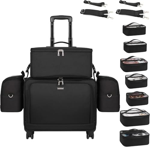 Rolling Makeup Bag Professional Makeup Artist Bags 4 in 1 Rolling Cosmetics Case Organizer Extra Large Trolley Travel Case with 360° Swivel Wheels and Adjustable Dividers