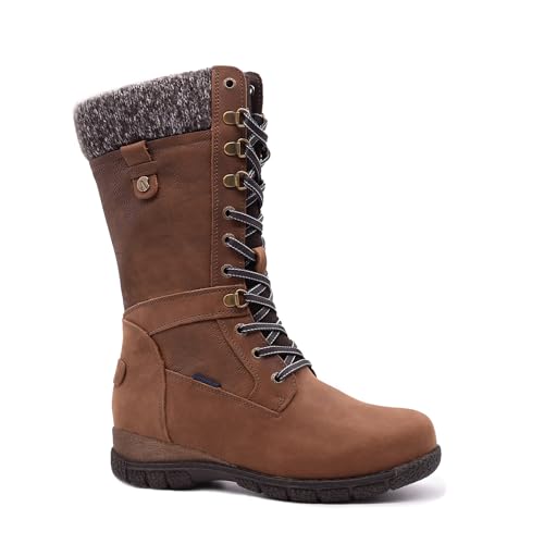 Comfy Moda Winter Boots for Women, Waterproof Wool Lined Tall Leather Snow Boots, Storm, Brown Size 8