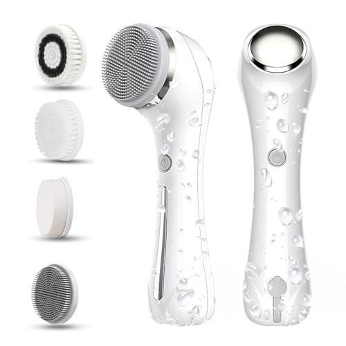 Facial Cleansing Brush, 2 in 1 Ｗaterproof IPx7 Facial Spin Scrubber Set with 4 Brush Heads, Rechargeable Exfoliating Face Brush Deep Cleansing, Gently Exfoliate and Remove Blackhead