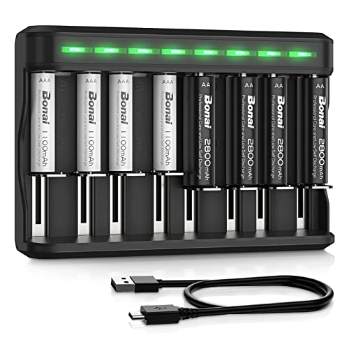 BONAI AA AAA Rechargeable Batteries Charger Set, 4 Pack 2800mAh AA and 4 Pack 1100mAh AAA NiMH Batteries with Smart Universal Battery Charger