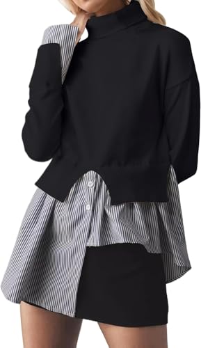Navonta Womens Turtleneck Peplum Patchwork Sweater 2 in 1 Slit Asymmetrical Hem Pullover Sweater Striped Contrast Shirts Top Black