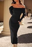 MEROKEETY Women's Winter Off Shoulder Bodycon Sweater Dress Formal Long Sleeve Elegant Cocktail Party Midi Maxi Dresses, Black, Medium