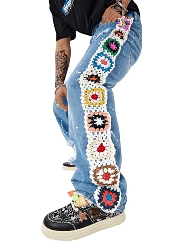 BEAUDRM Men's Floral Crochet Baggy Jeans Ripped Distressed Jeans Hip Hop Straight Leg Denim Pants Streetwear Light Wash Large
