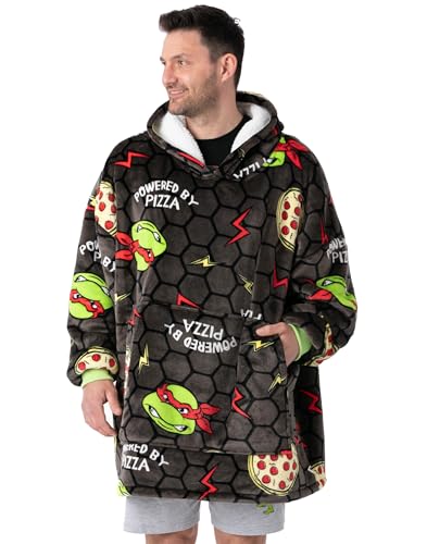 Teenage Mutant Ninja Turtles Mens Blanket Hoodie | Adults Grey Wearable Hooded Blanket | All Over 90's TMNT Fleece Sweater