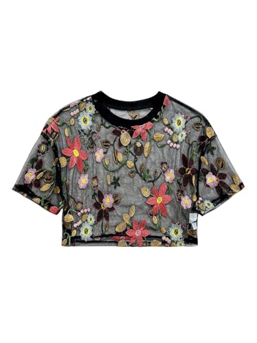 GORGLITTER Women's Floral Sheer Mesh Tees Crop Top See Through Short Sleeve Crew Neck Embroidered T Shirts Black Floral Small