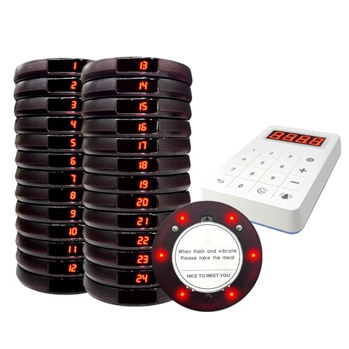 Pagers for Restaurants, 24 Coaster Beeper Restaurant Buzzer System with Beeps, Vibration, Flashing, Guest Customer Queue Pagers for Food Truck, Church Nursery