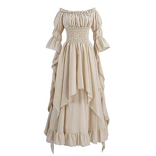 LTAKK Renaissance Dress Medieval Costume Victorian Dresses Women Peasant Gothic Fairy Witch Wedding Under Dress, Beige, S/M