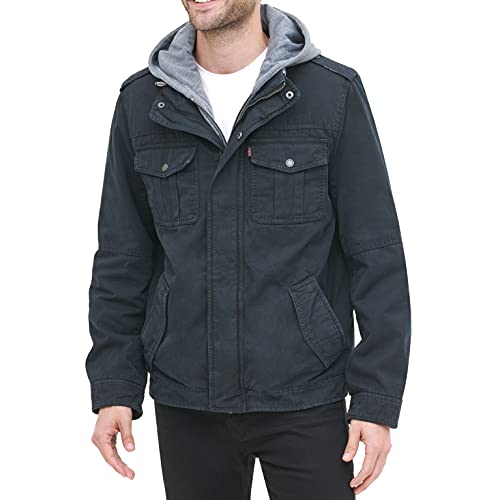 Levi's Men's Washed Cotton Military Jacket with Removable Hood (Standard and Big & Tall), Navy, X-Large