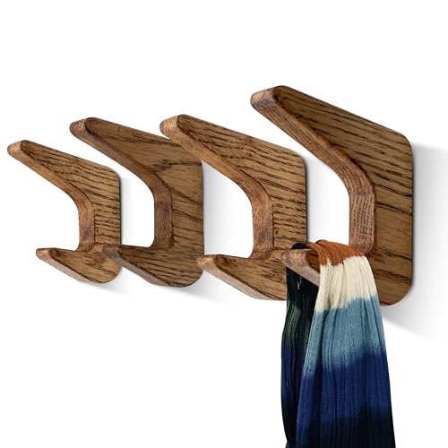 Hebedsa Wood Wall Hooks | Oak Wood Coat Hooks Wall Mounted Wooden Pegs for Hanging Coat, Hat, Towel, Purse, Backpack, Bag, Cup | Modern Decorative Wall Hook (4 Pack) | Peg Wall Hanger (Brown)