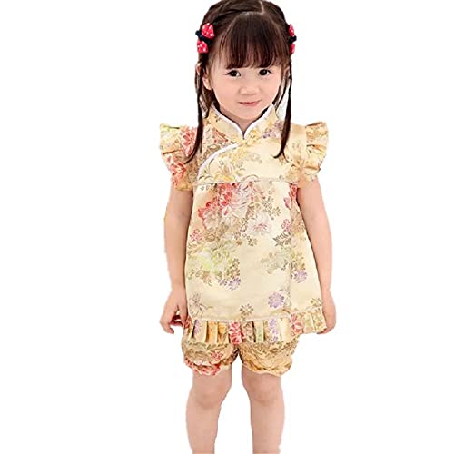 SZCQ Little Girl Chinese Qipao Dress Suit Traditional Cheongsam Top + Pant Baby Girls New Year Costumes Peony Gold M