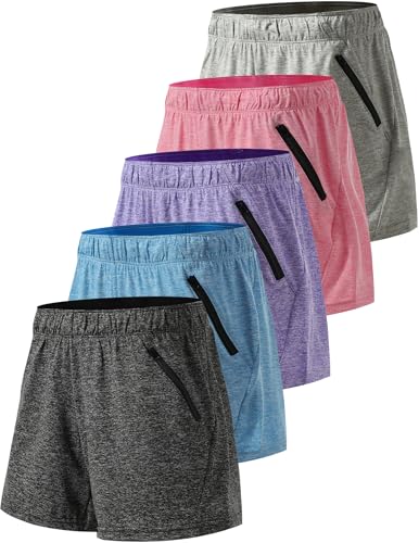 5 Pack: Womens Workout Gym Shorts Casual Lounge Set, Ladies Active Athletic Apparel with Zipper Pockets (Set 1, X-Large)