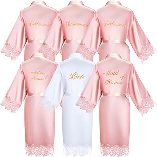 Coume Set of 6 Bridesmaid Robes with Lace Trim Bridal Party Matron Maid of Honor Robes Silk Wedding for Wedding Bridal Gifts(Pink)