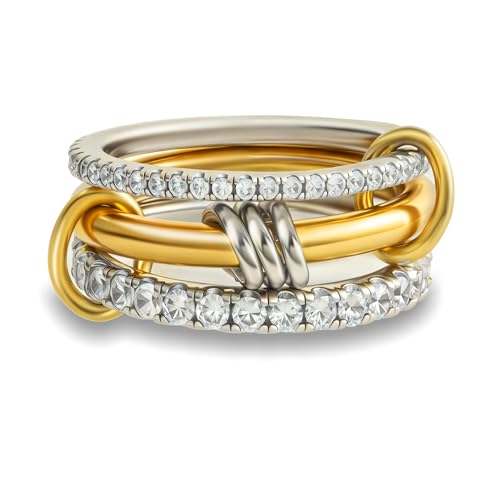 HOLINSE Gold Stackable Rings for Women Non Tarnish,Dainty 18k Gold Plated CZ Cubic Zirconia Rings,Silver and Gold Rings Set,Multi-Link Connected Rings (Three rings set, 8)