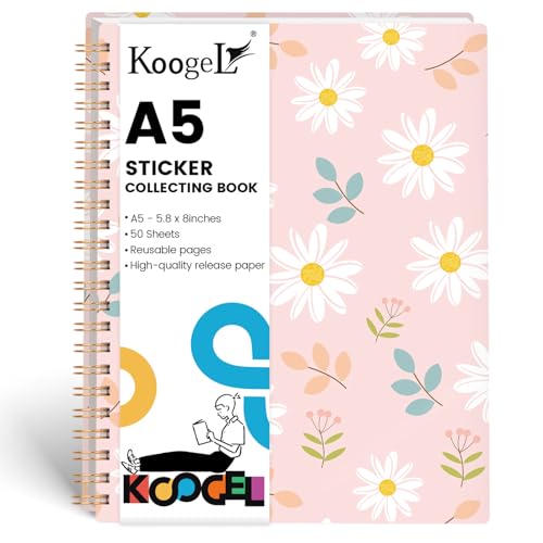 Koogel Sticker Collecting Book, Reusable Sticker Collecting Album Blank Sticker Storage Book 50 Sheets Release Paper for Sticker Keeper Holder A5 (Flower)