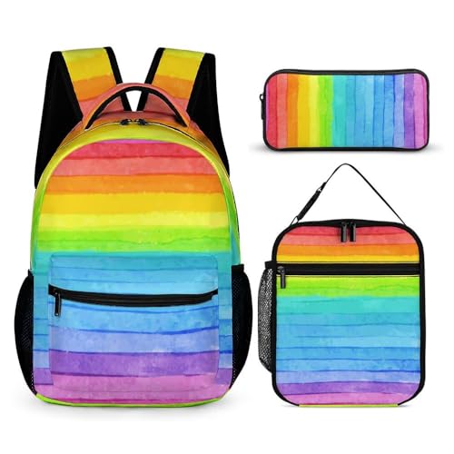 Fekroma Rainbow Backpack Set School Bookbag with Lunch Bag Lightweight Pencil Case Pouch Bag (Rainbow, One Size)