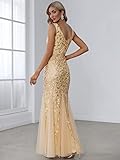 Women's V-Neck Embroidered Lace Floor Length Mermaid Cocktail Dress Gold US20