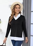 Vldnery Womens Fall Winter Sweater 2024 Trendy Clothes Collared V Neck Long Sleeve Tops 2 in 1 Outfit Casual Pullover Shirts Blcak 2XL Black