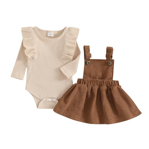 Youweixiong Newborn Baby Girl Outfits Ruffle Long Sleeve Ribbed Romper Corduroy Suspender Skirt Overall Dress Cute Fall Winter Clothes (Khaki, 6-9 Months)