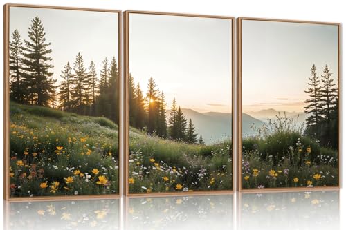 FWIEXA Green Forest Mountain Framed Canvas Wall Art Set, Wildflower Meadow Wall Decor, Floral Pictures Artwork, Nature Sunset Landscape Art Prints for Living Room, Bedroom, Office - Size 16"x24"x3