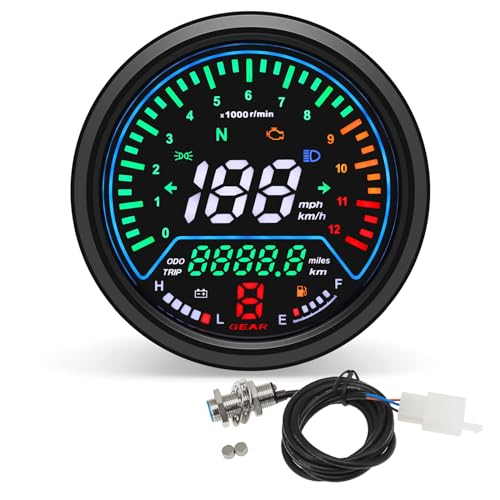 MAIMEIMI Universal Motorcycle Speedometer Digital Gauge Cluster with Tachometer, Odometer, 6 Gear 12000 RPM Km/h MPH LCD for Dirt Bike