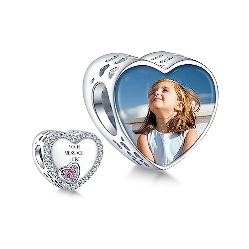 Annmors Personalized Photo Charm for Bracelet Necklaces,925 Sterling Silver Charm Heart Engraved Customize Picture Gift for Birthday Mother's Day Christmas,Double Heart Bead Jewelry for Women