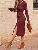 MEROKEETY Women's Long Sleeve V Neck Cable Knit Belted Bodycon Slit Sweater Dress for Party,Burgundy,XL