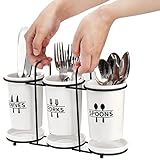 Fasmov Flatware Holder, 3-Piece Silverware Caddy Utensil Holder Ceramic Flatware Caddy with Metal Rack, Flatware Caddy White Ceramic Cutlery Organizer for Forks, Spoons, Knives