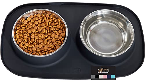 GORILLA GRIP Feeding Mat Set, Patent Pending 100% Waterproof BPA Free Silicone, Stainless Steel Cat and Dog Bowls, Slip Resistant, High Edges Catch Water Food, US Designed Pet Accessories, 1 Cup Black