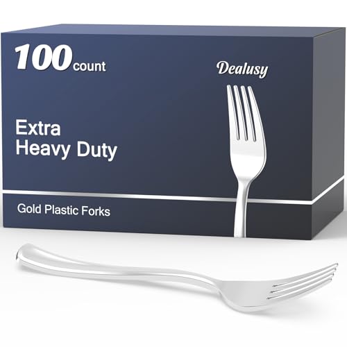 Dealusy 100 Count Heavy Duty Silver Plastic Forks Disposable, BPA-Free, Heat Resistant, Solid and Durable Premium Plastic Disposable Forks for Party Supply