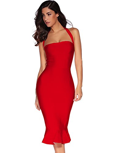 Womens Halter Fishtail Bandage Party Dress Elegant Wedding Guest Dress(Red,L)