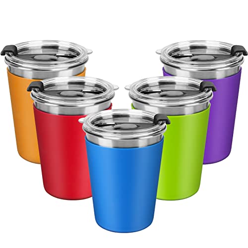 Kids Stainless Steel Cups, 12oz Kids Metal Drinking Glasses with Lids and Sleeves, Unbreakable Spill Proof Cups for Kid and Adult, Stacking Sippy Cups for Hot Chocolate & Cold Drinks 5Pack